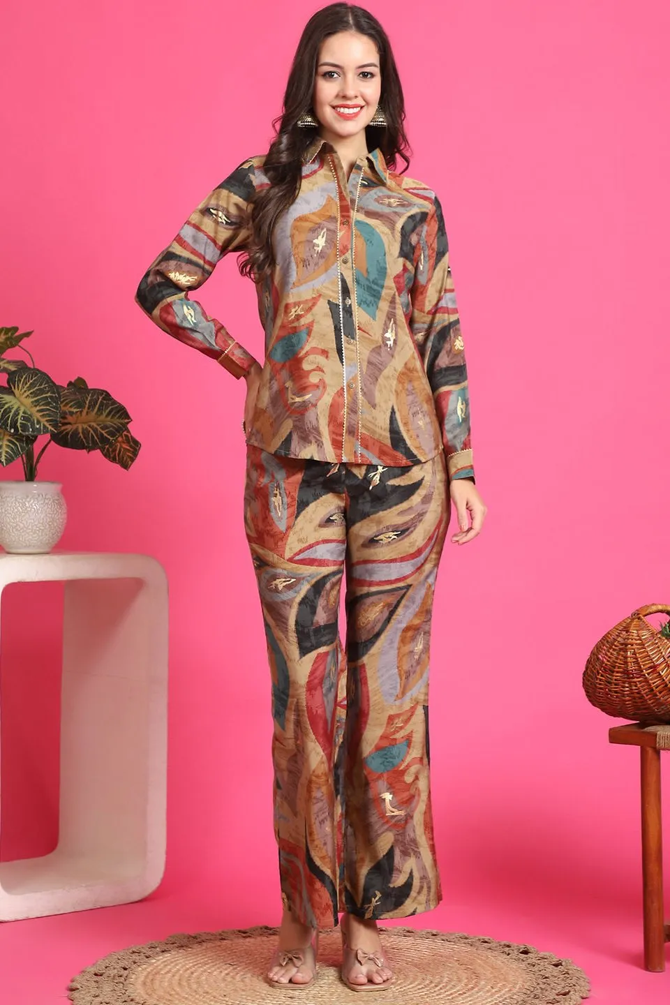 Brown Color Abstract Printed Chanderi Silk Co-ord Set