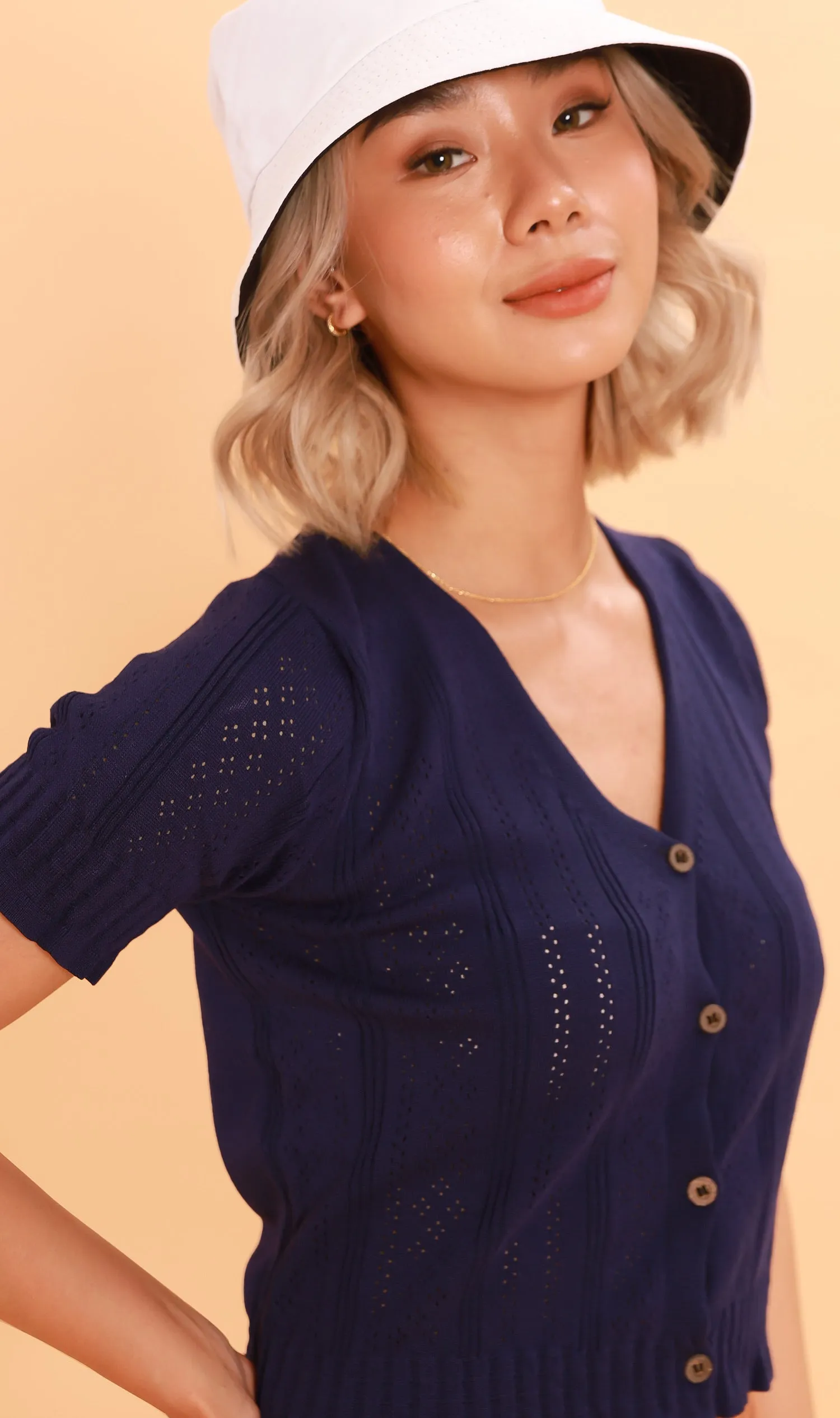 CAMILLE Button-Down Eyelet Cardi (Navy)
