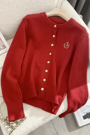 Cardigans Embroidery O-neck Long Sleeve Single-breasted Casual Knitted Lady Sweater Tops