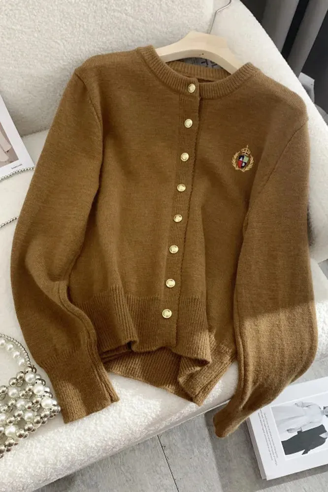 Cardigans Embroidery O-neck Long Sleeve Single-breasted Casual Knitted Lady Sweater Tops