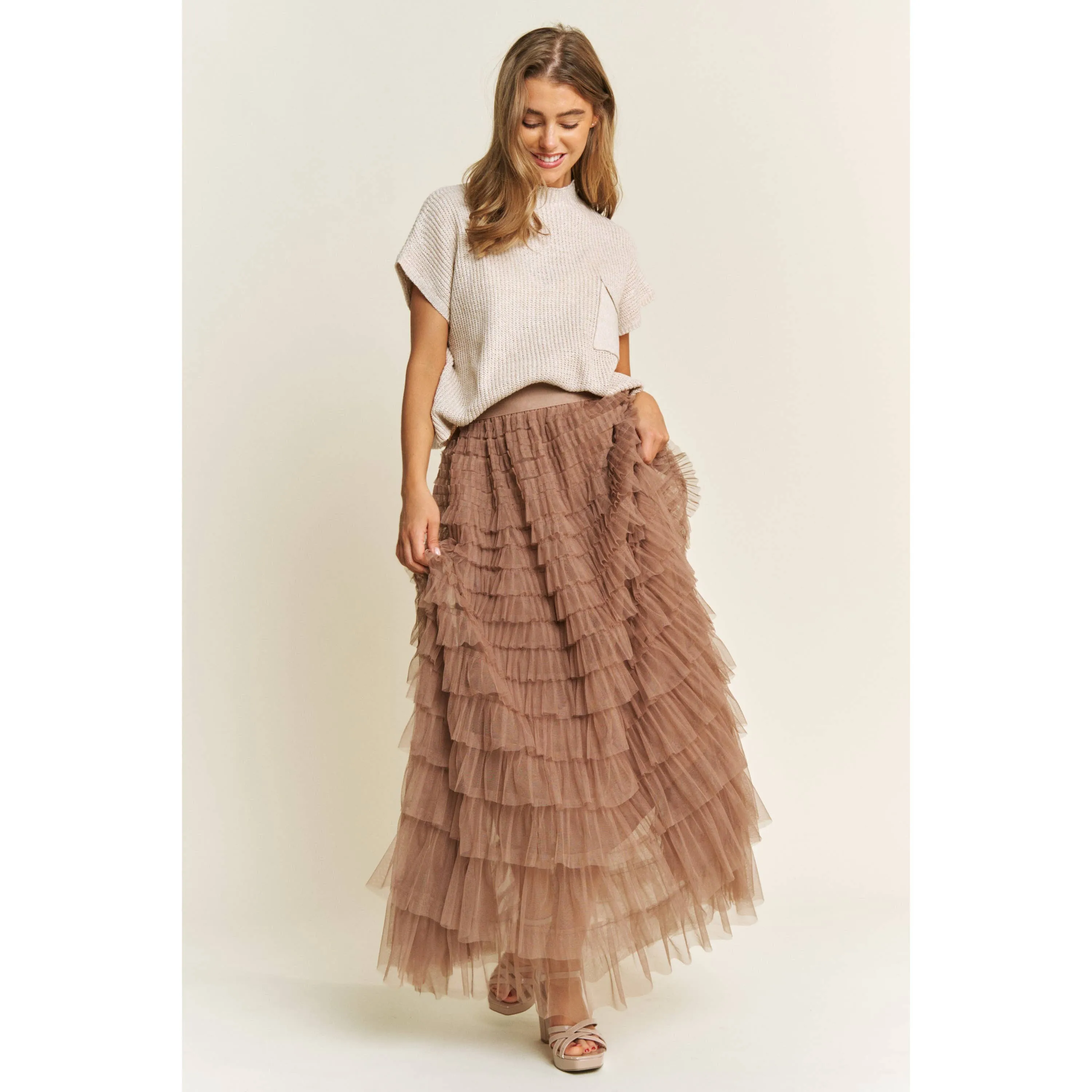 CASCADING TULLE MESH TIERED MAXI SKIRT