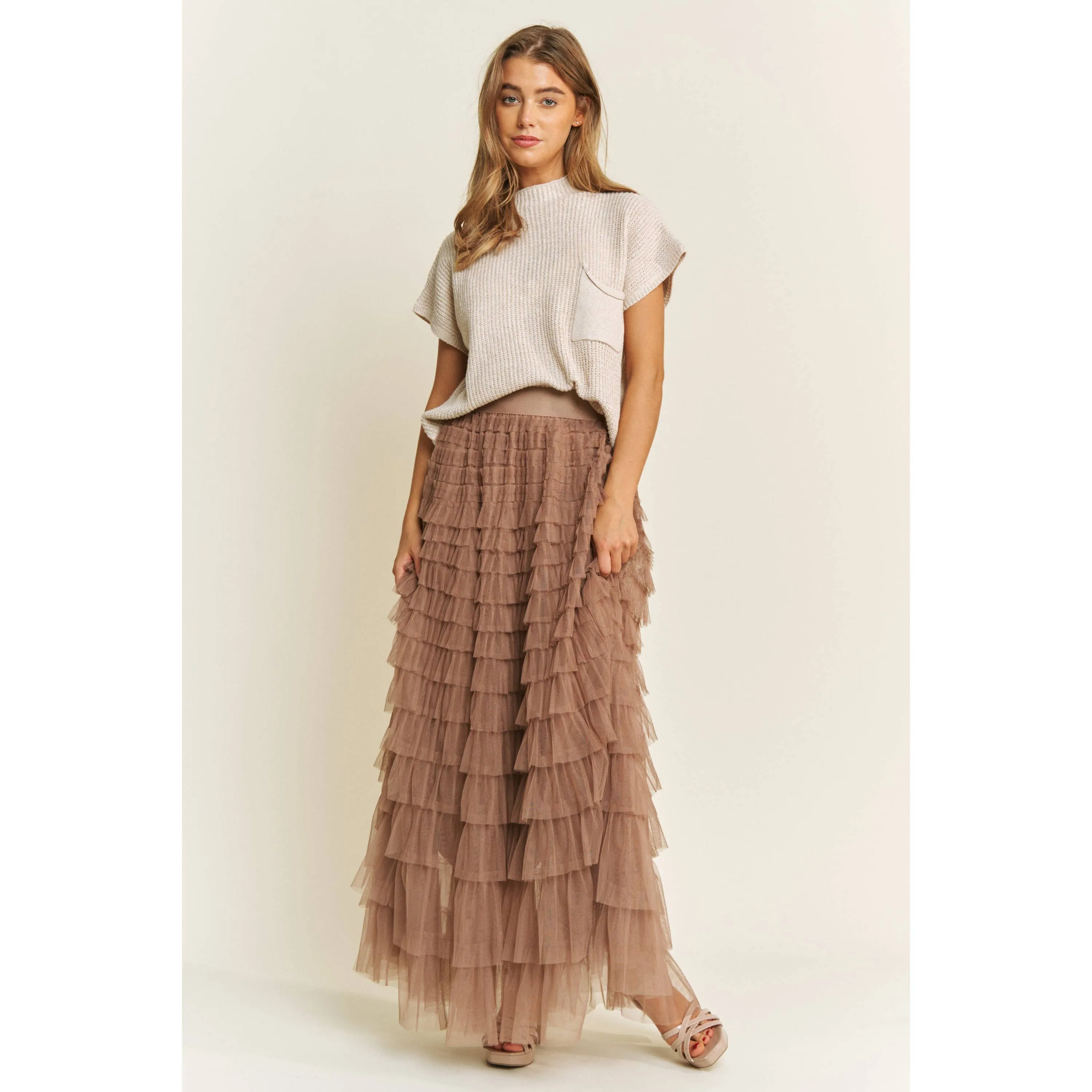 CASCADING TULLE MESH TIERED MAXI SKIRT