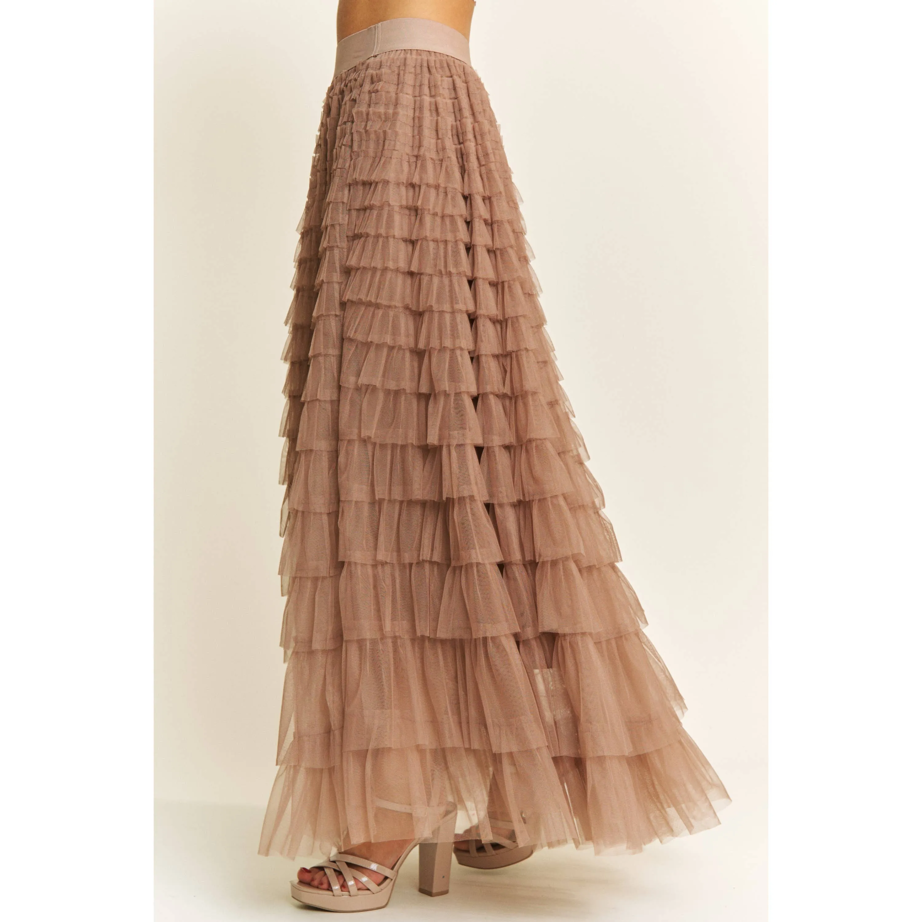 CASCADING TULLE MESH TIERED MAXI SKIRT