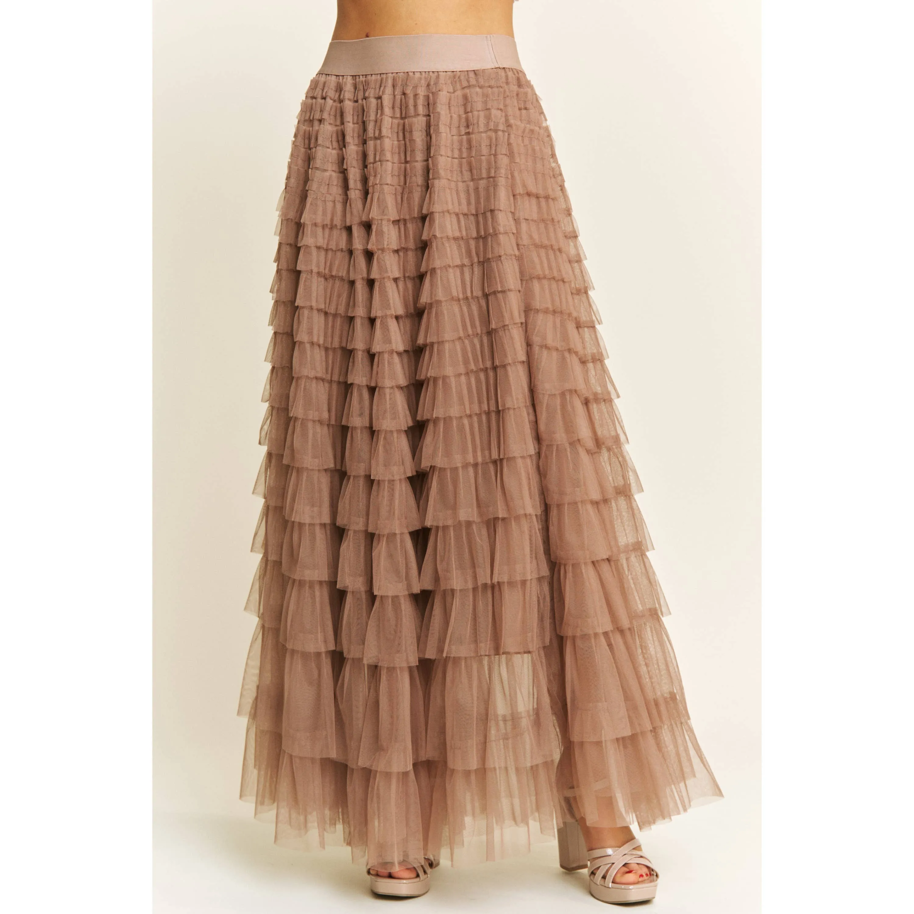 CASCADING TULLE MESH TIERED MAXI SKIRT