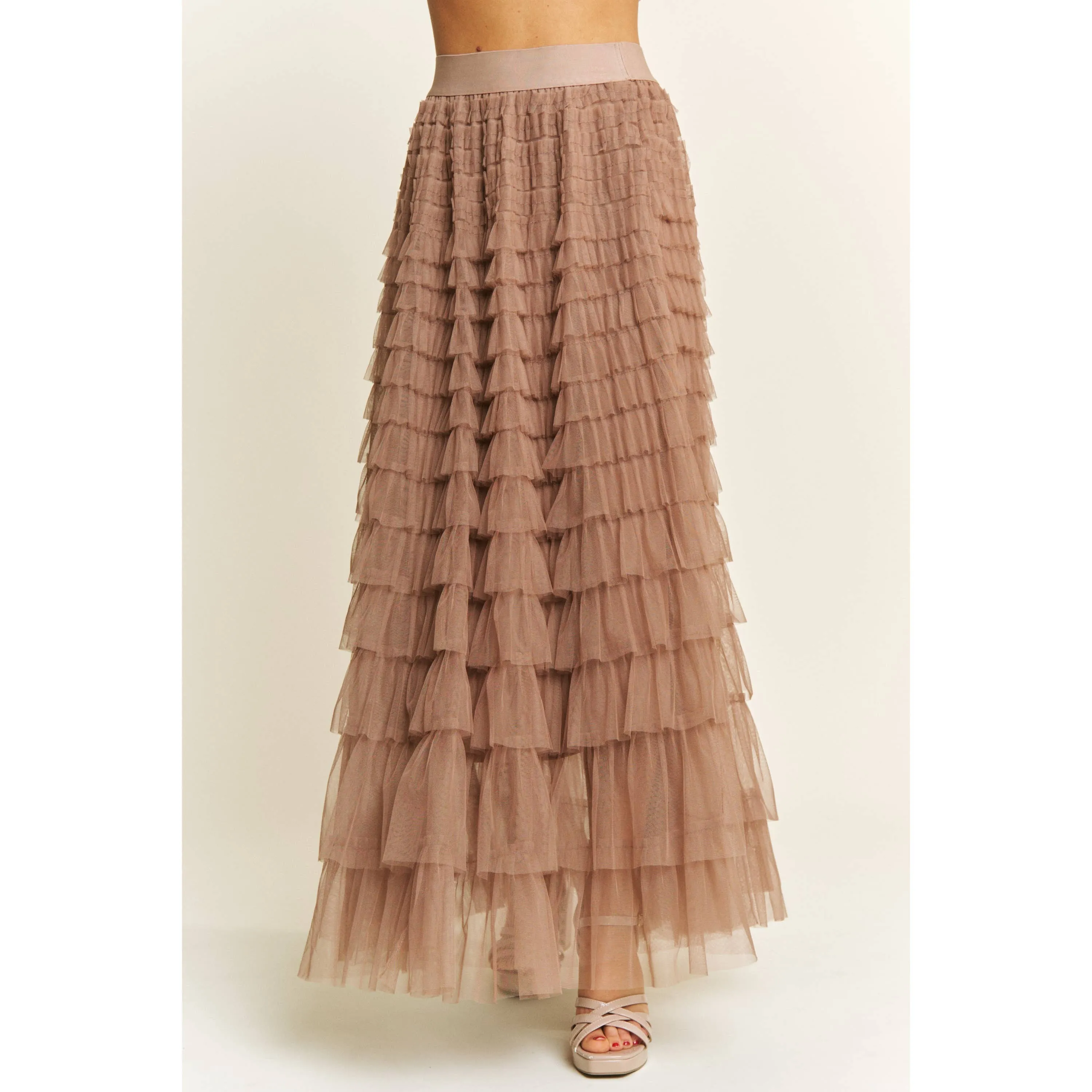 CASCADING TULLE MESH TIERED MAXI SKIRT