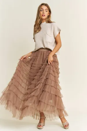 CASCADING TULLE MESH TIERED MAXI SKIRT