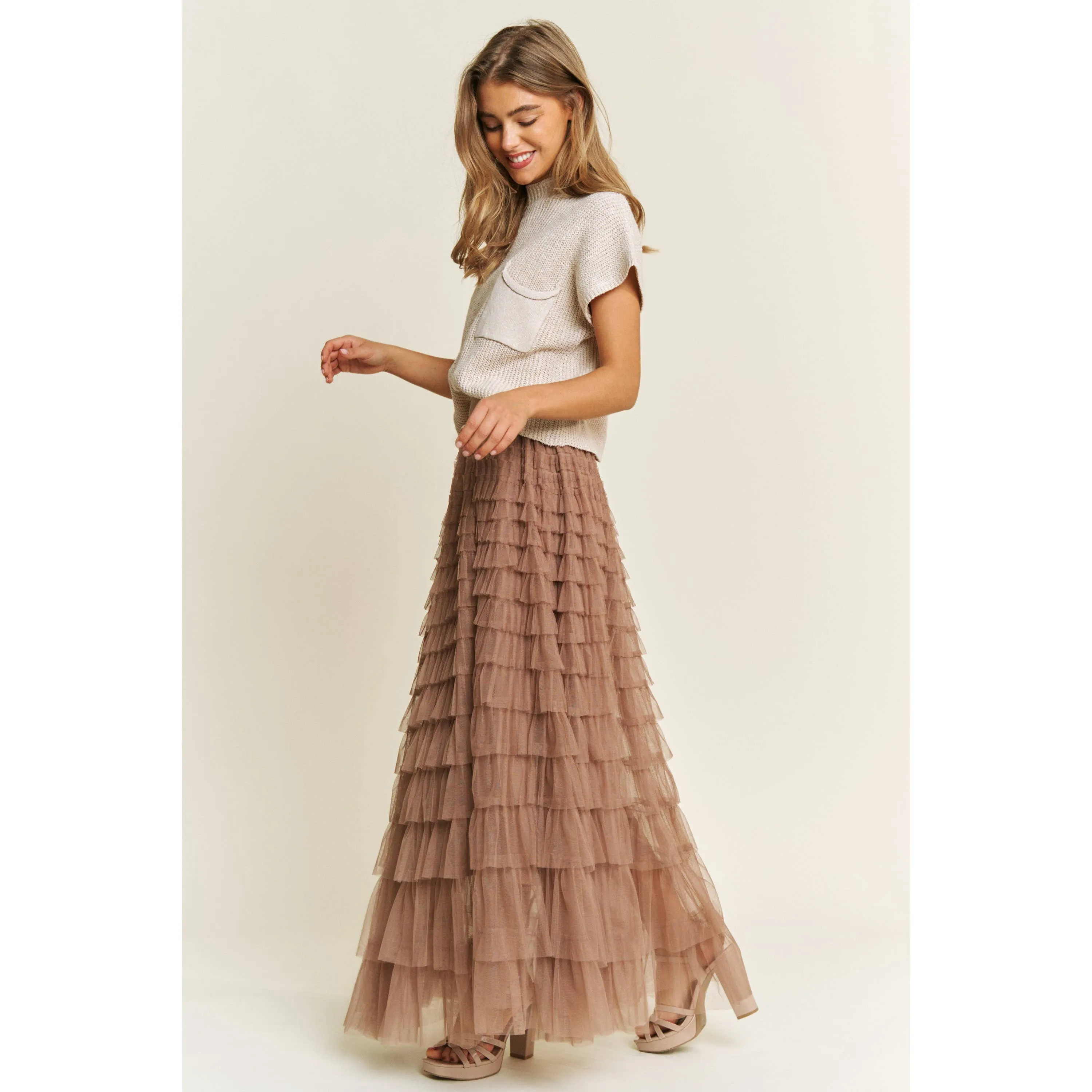 CASCADING TULLE MESH TIERED MAXI SKIRT