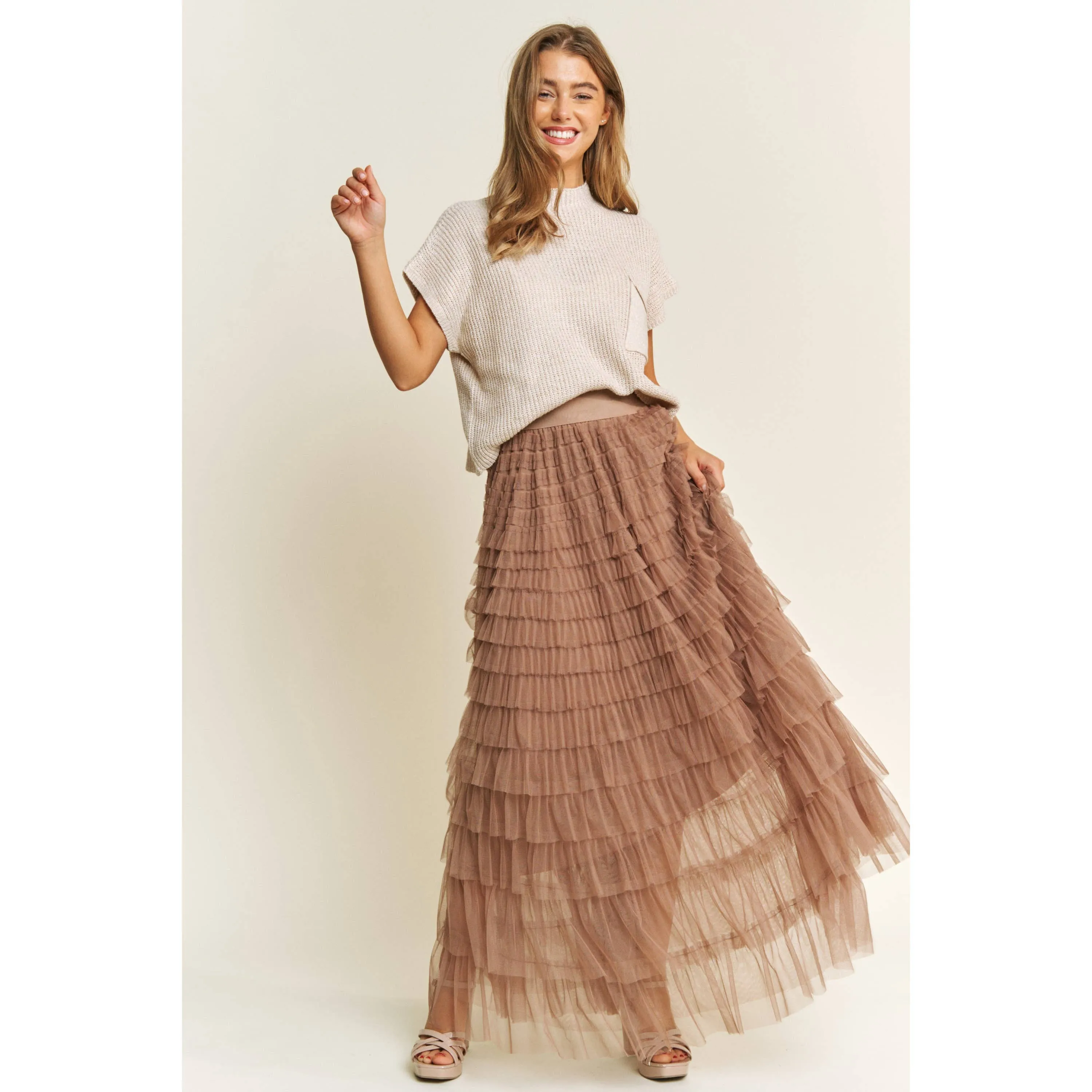 CASCADING TULLE MESH TIERED MAXI SKIRT
