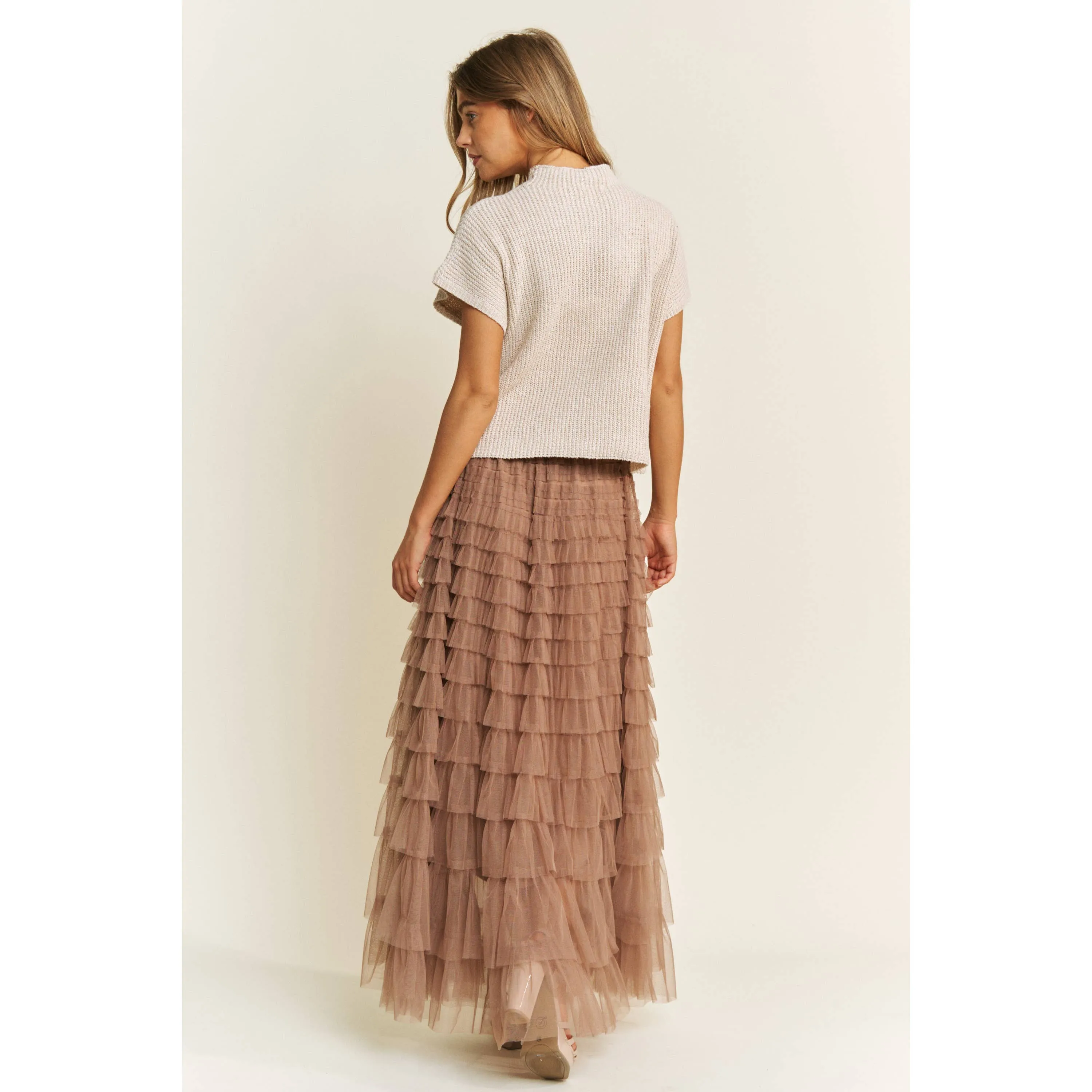 CASCADING TULLE MESH TIERED MAXI SKIRT