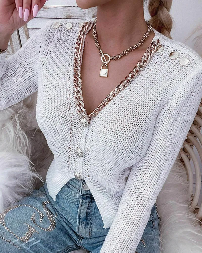 Chain Decor Buttoned Long Sleeve Knit Cardigan