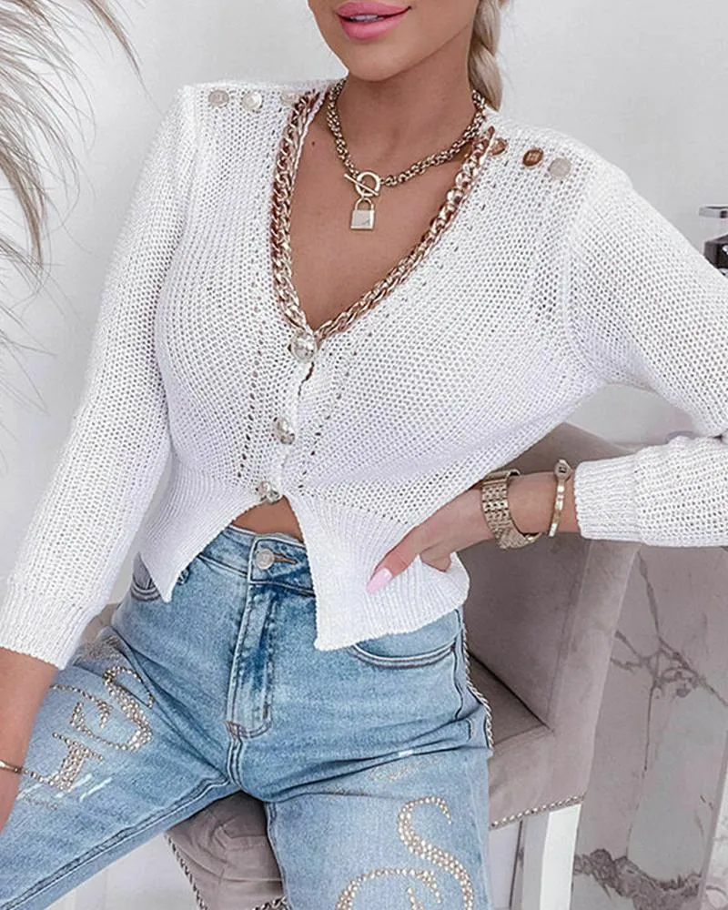 Chain Decor Buttoned Long Sleeve Knit Cardigan