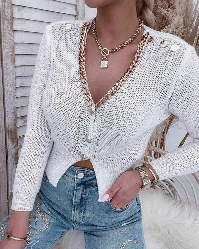 Chain Decor Buttoned Long Sleeve Knit Cardigan