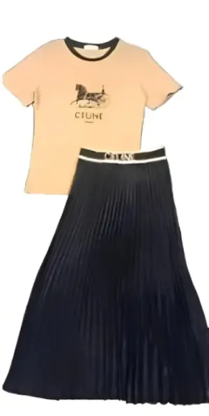Chic Two Pieces Set Design Long Pleated Skirt & T-Shirt Set