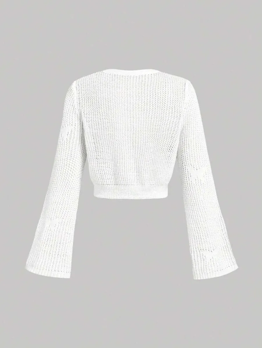 Clementina Crochet Knit Bell Sleeve Cardigan in White