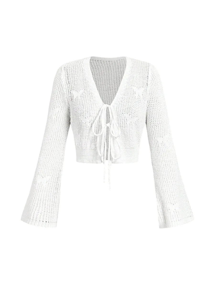 Clementina Crochet Knit Bell Sleeve Cardigan in White
