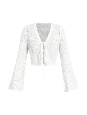 Clementina Crochet Knit Bell Sleeve Cardigan in White