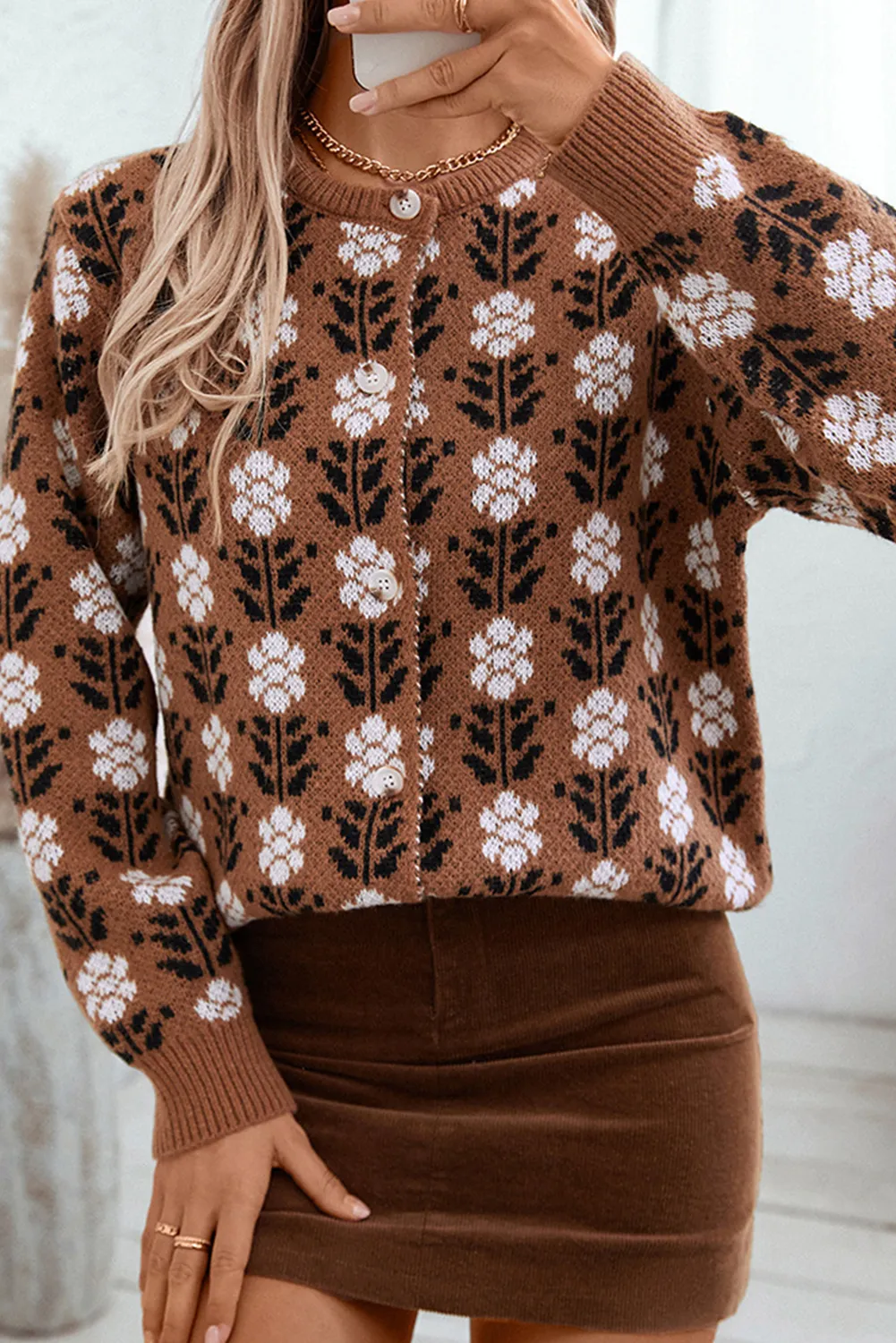 Coffee Floral Print Ribbed Trim Buttoned Cardigan
