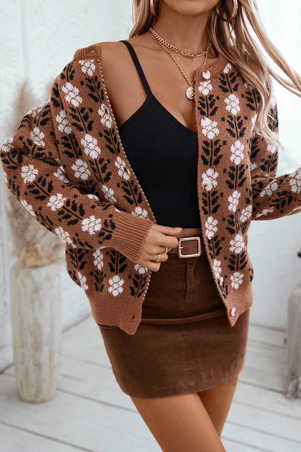 Coffee Floral Print Ribbed Trim Buttoned Cardigan