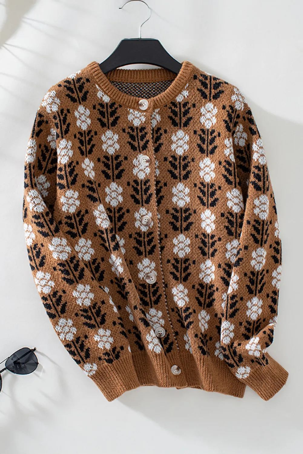 Coffee Floral Print Ribbed Trim Buttoned Cardigan