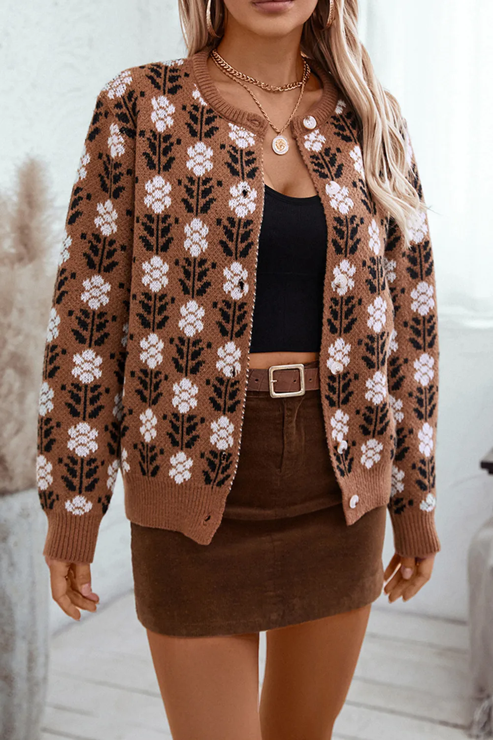 Coffee Floral Print Ribbed Trim Buttoned Cardigan