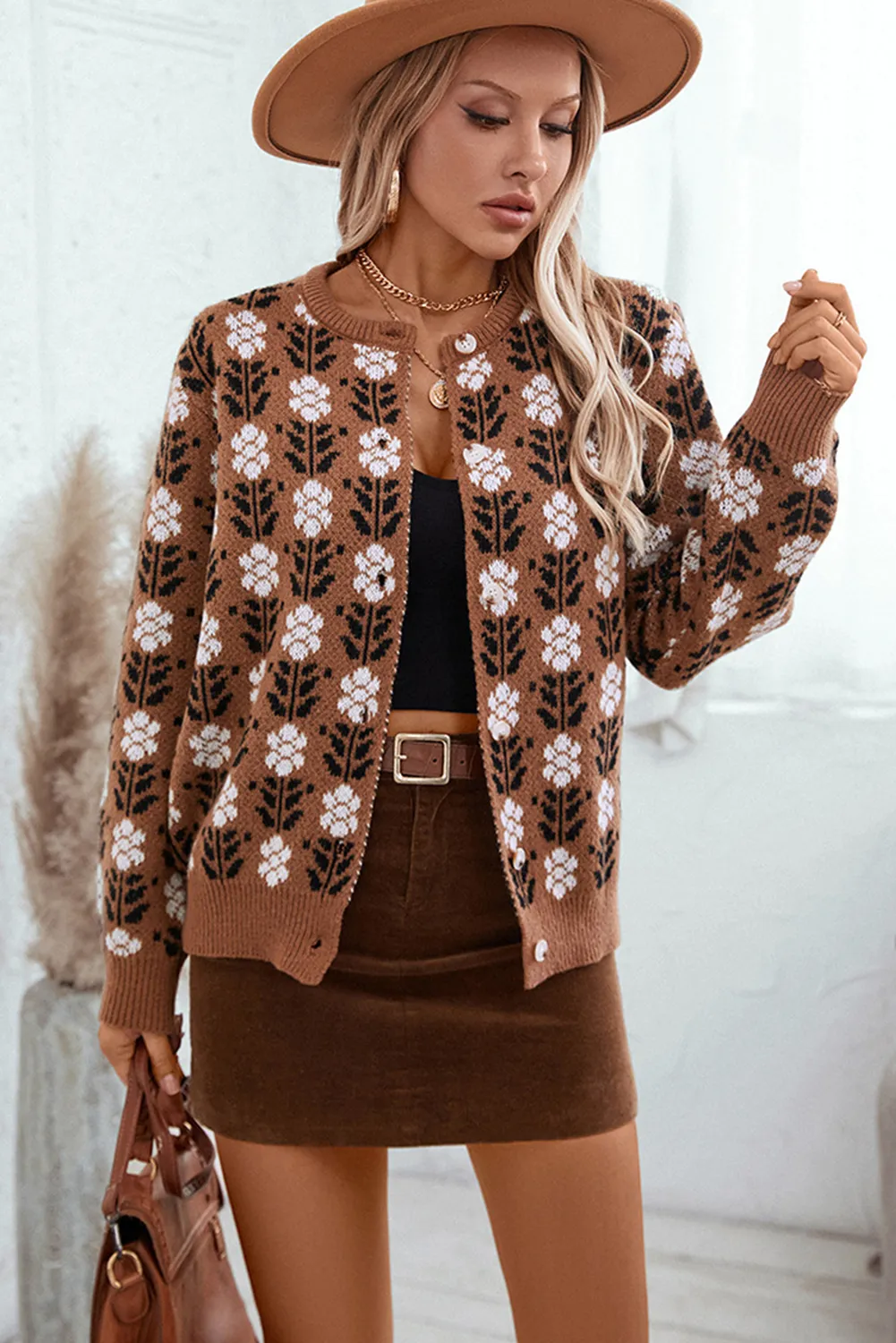 Coffee Floral Print Ribbed Trim Buttoned Cardigan