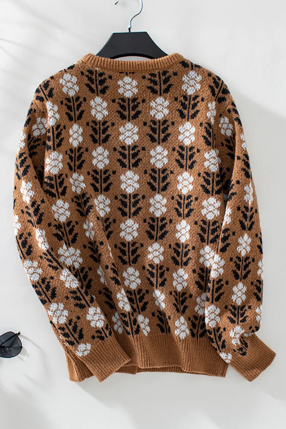 Coffee Floral Print Ribbed Trim Buttoned Cardigan