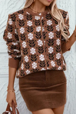 Coffee Floral Print Ribbed Trim Buttoned Cardigan