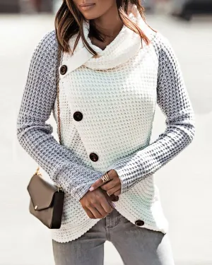 Colorblock Buttoned Asymmetrical Knit Sweater
