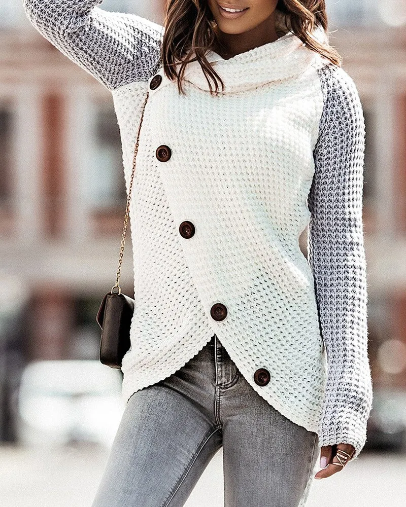 Colorblock Buttoned Asymmetrical Knit Sweater