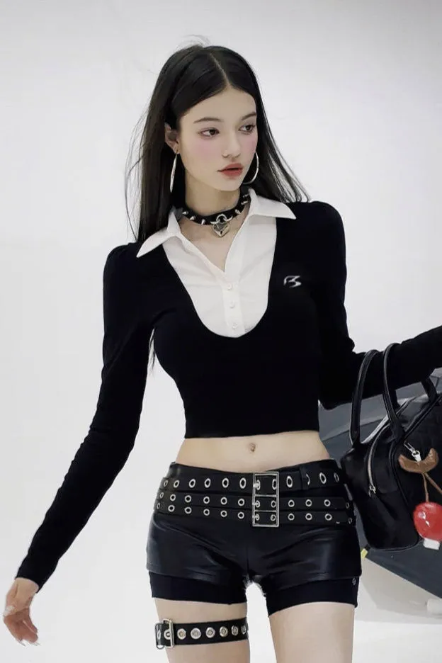 Contrast Layered Cropped Shirt