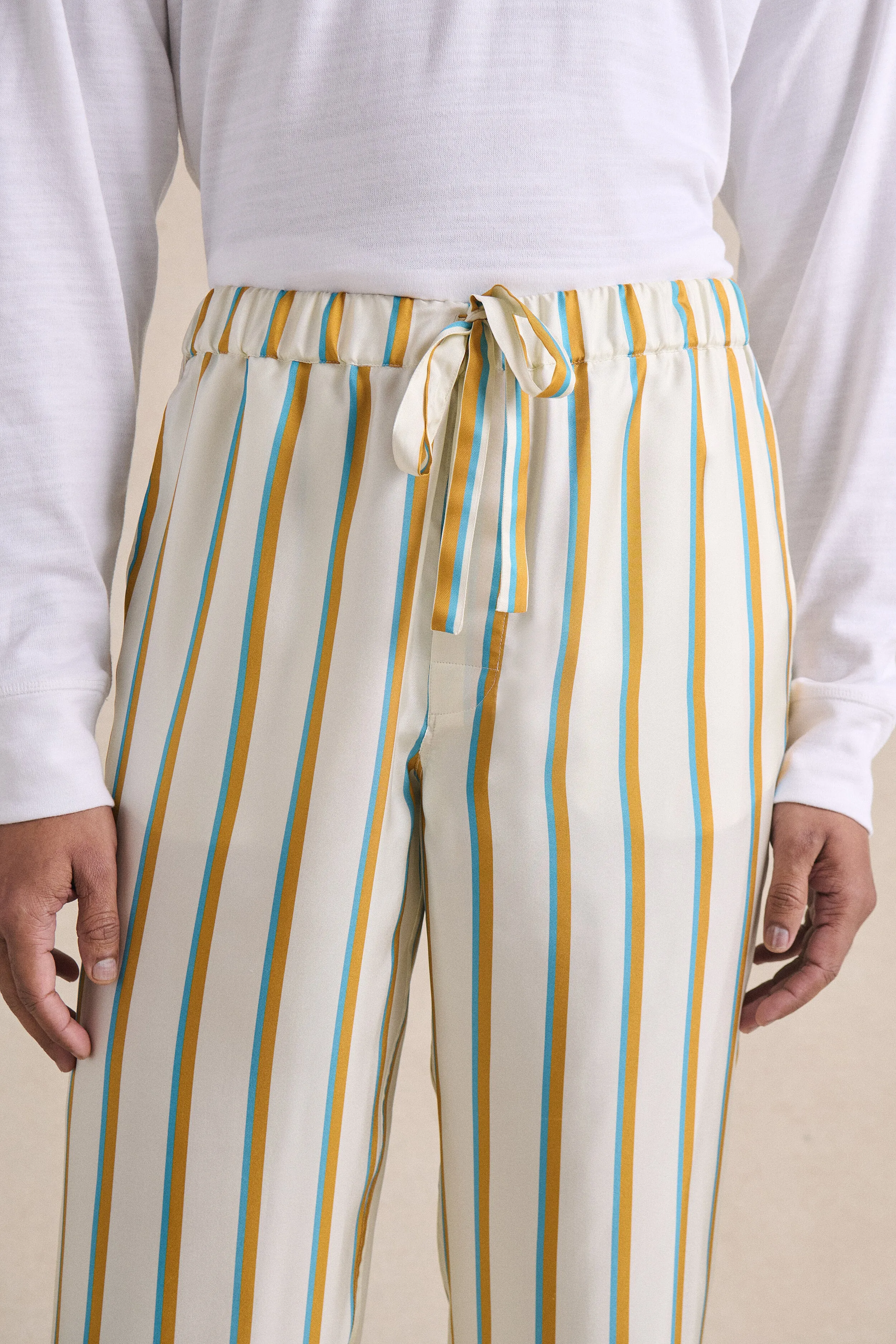 Cream & Blue Signature Stripe Silk Lounge Trousers