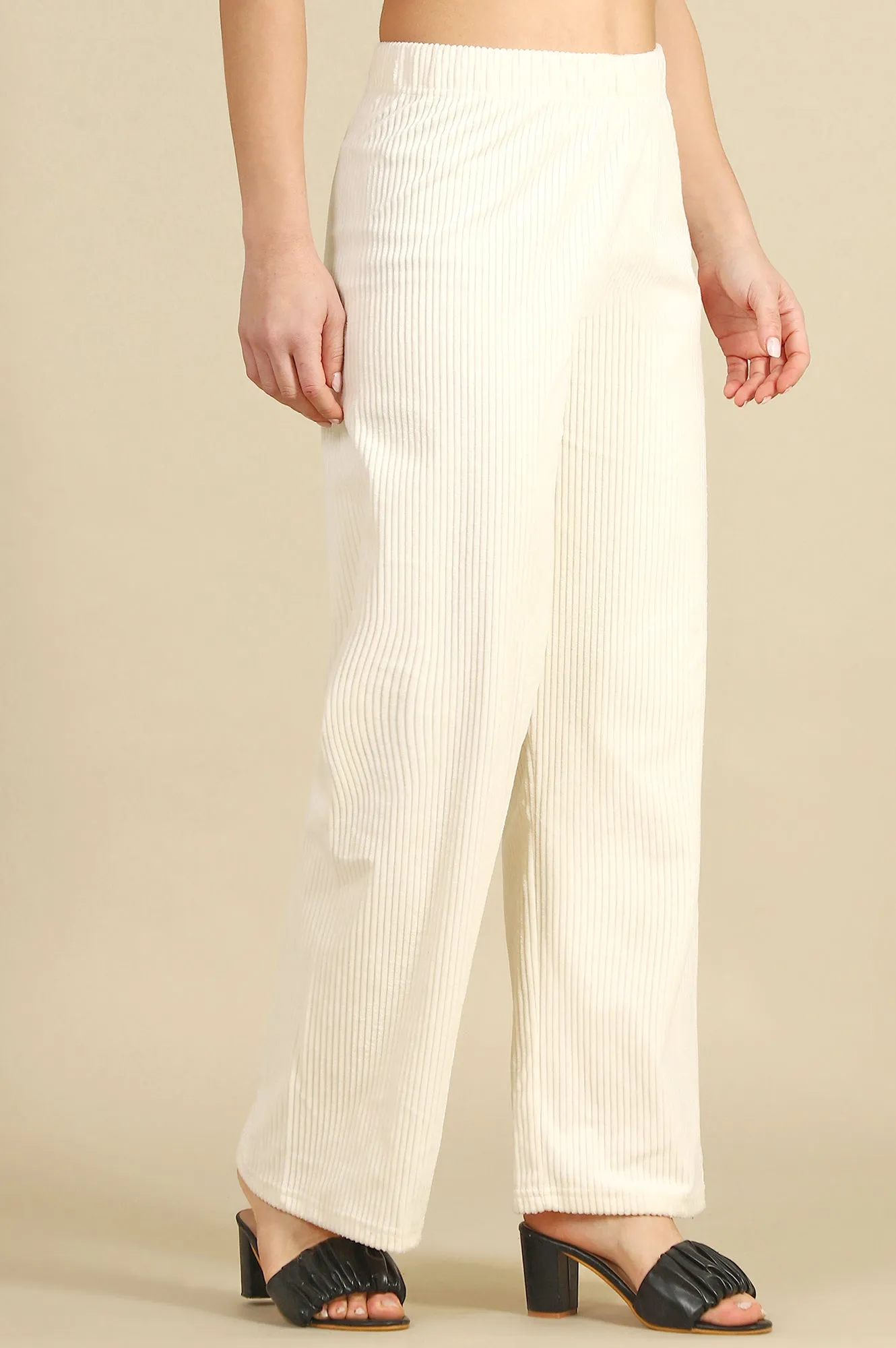 Cream Solid Cotton Blend Straight Pants