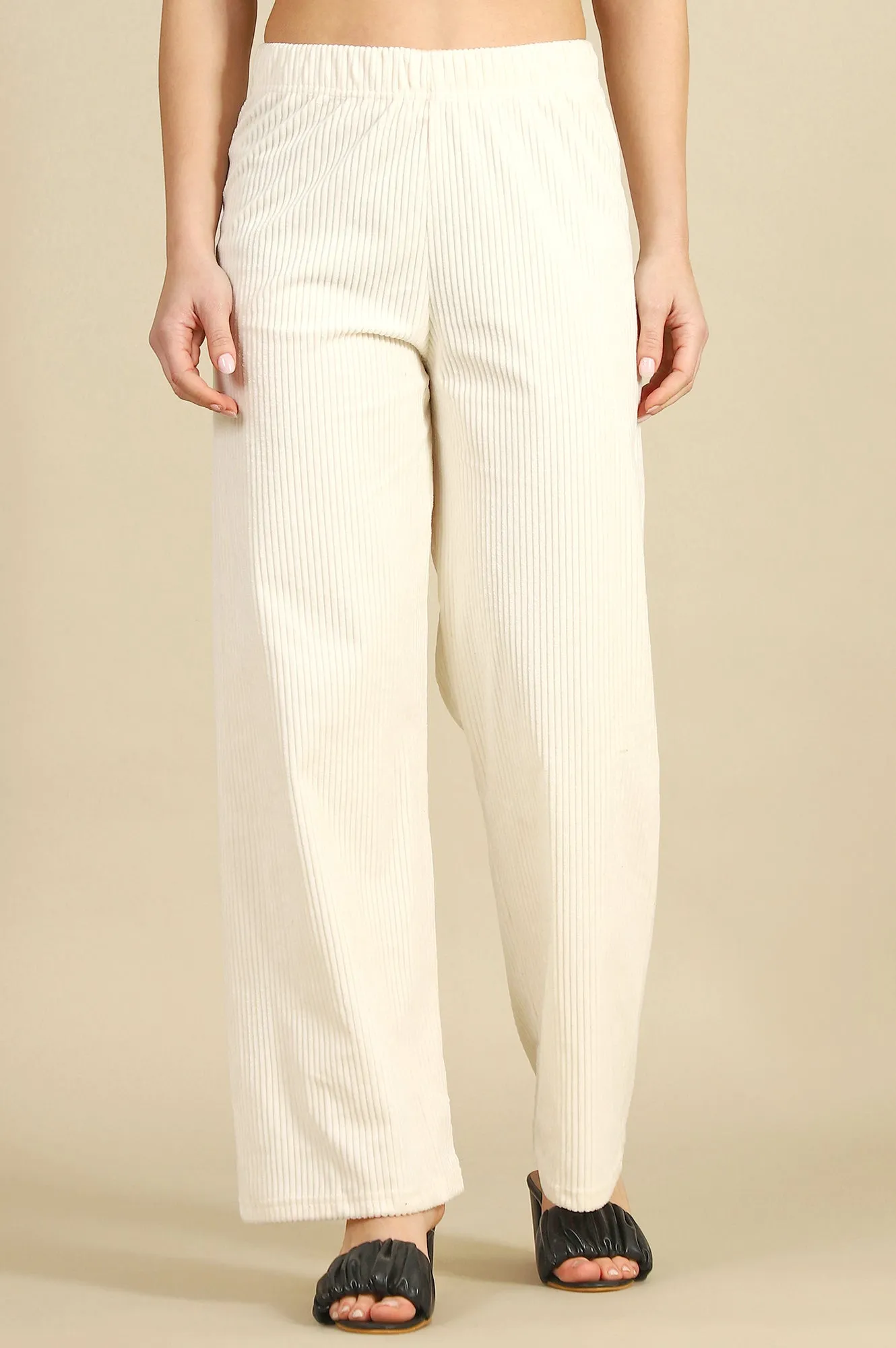 Cream Solid Cotton Blend Straight Pants