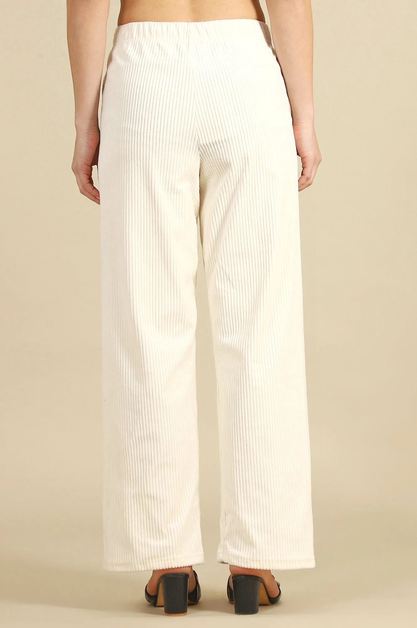 Cream Solid Cotton Blend Straight Pants