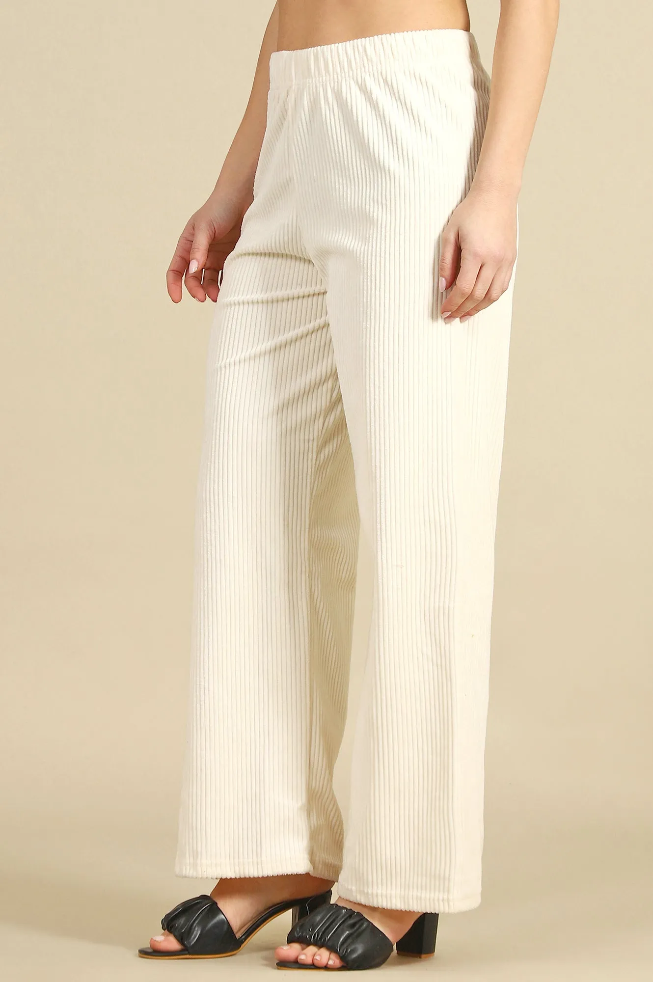 Cream Solid Cotton Blend Straight Pants