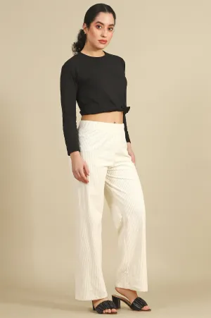 Cream Solid Cotton Blend Straight Pants