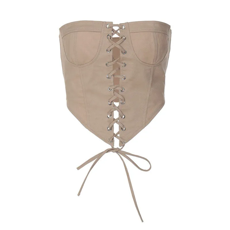 Curved Hem Strapless Lace Up Cropped Top - Khaki