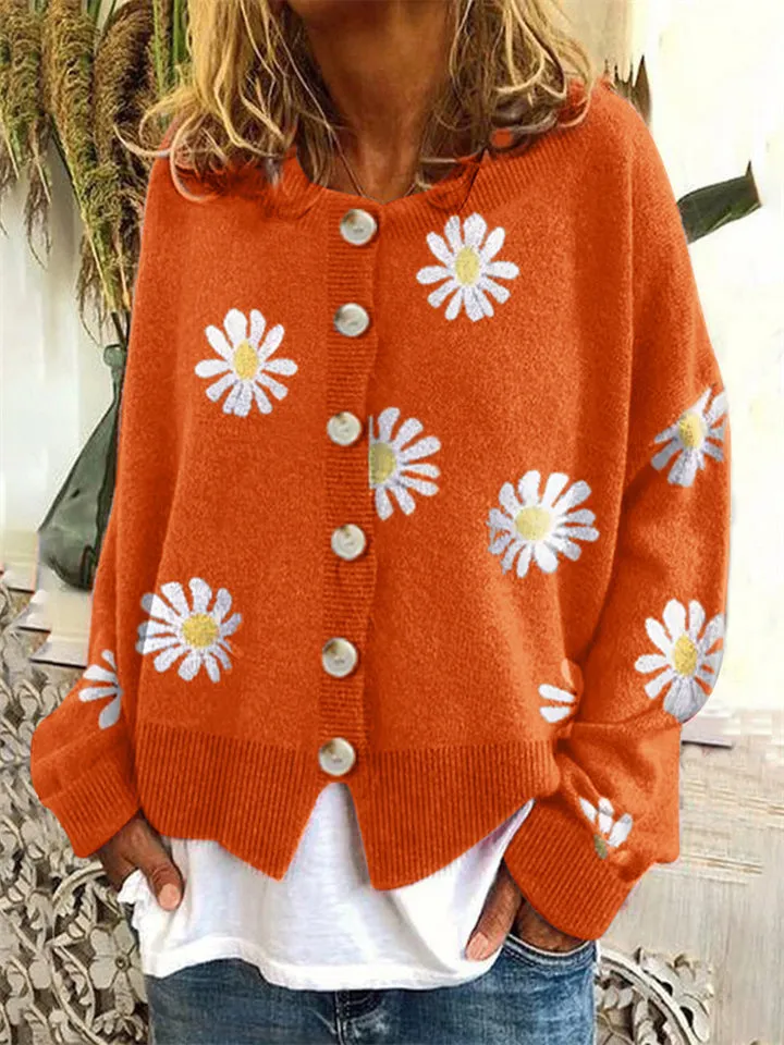 Daisies Printed Round Neck Buttons-Up Cardigans