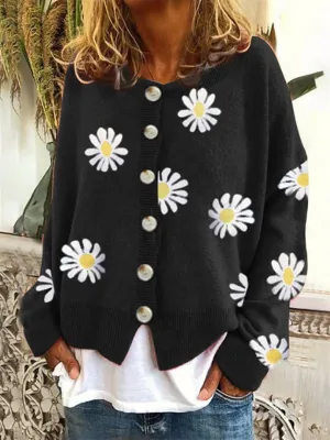 Daisies Printed Round Neck Buttons-Up Cardigans