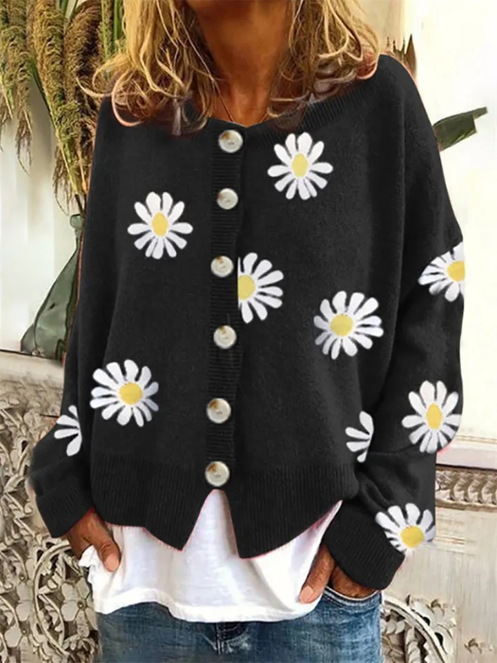 Daisies Printed Round Neck Buttons-Up Cardigans