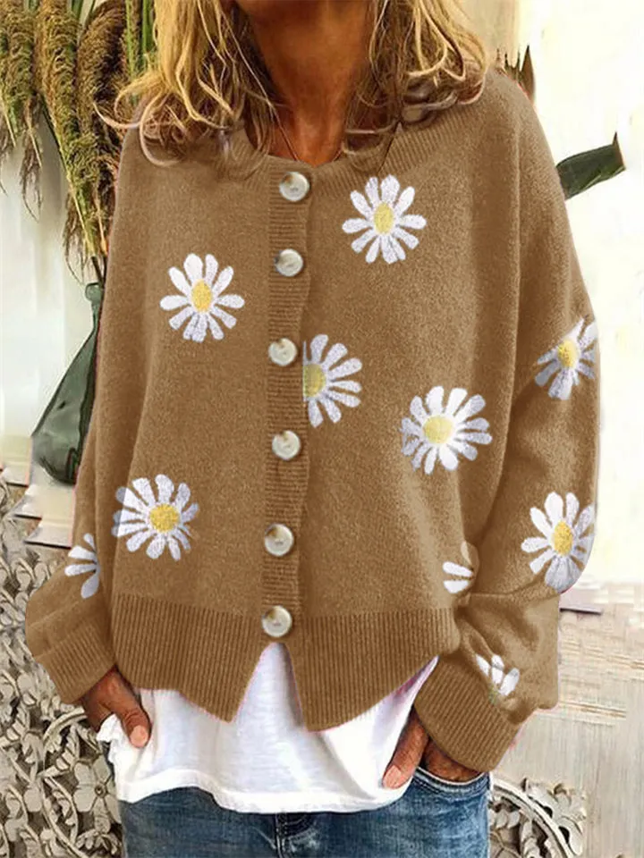 Daisies Printed Round Neck Buttons-Up Cardigans