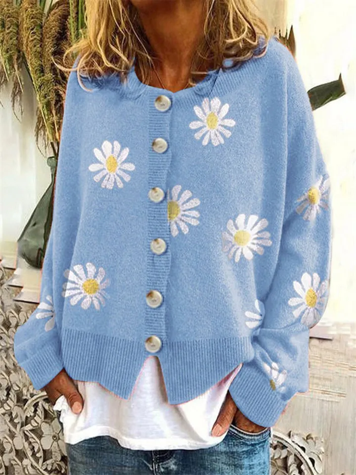 Daisies Printed Round Neck Buttons-Up Cardigans