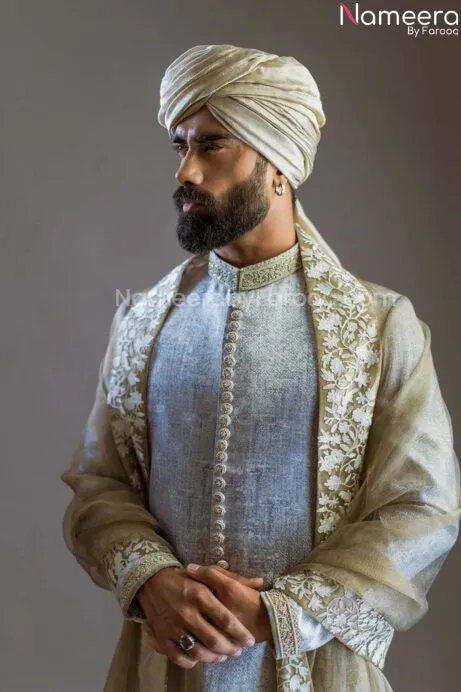 Designer Sherwani for Men in Jamawar with Turban #GN01