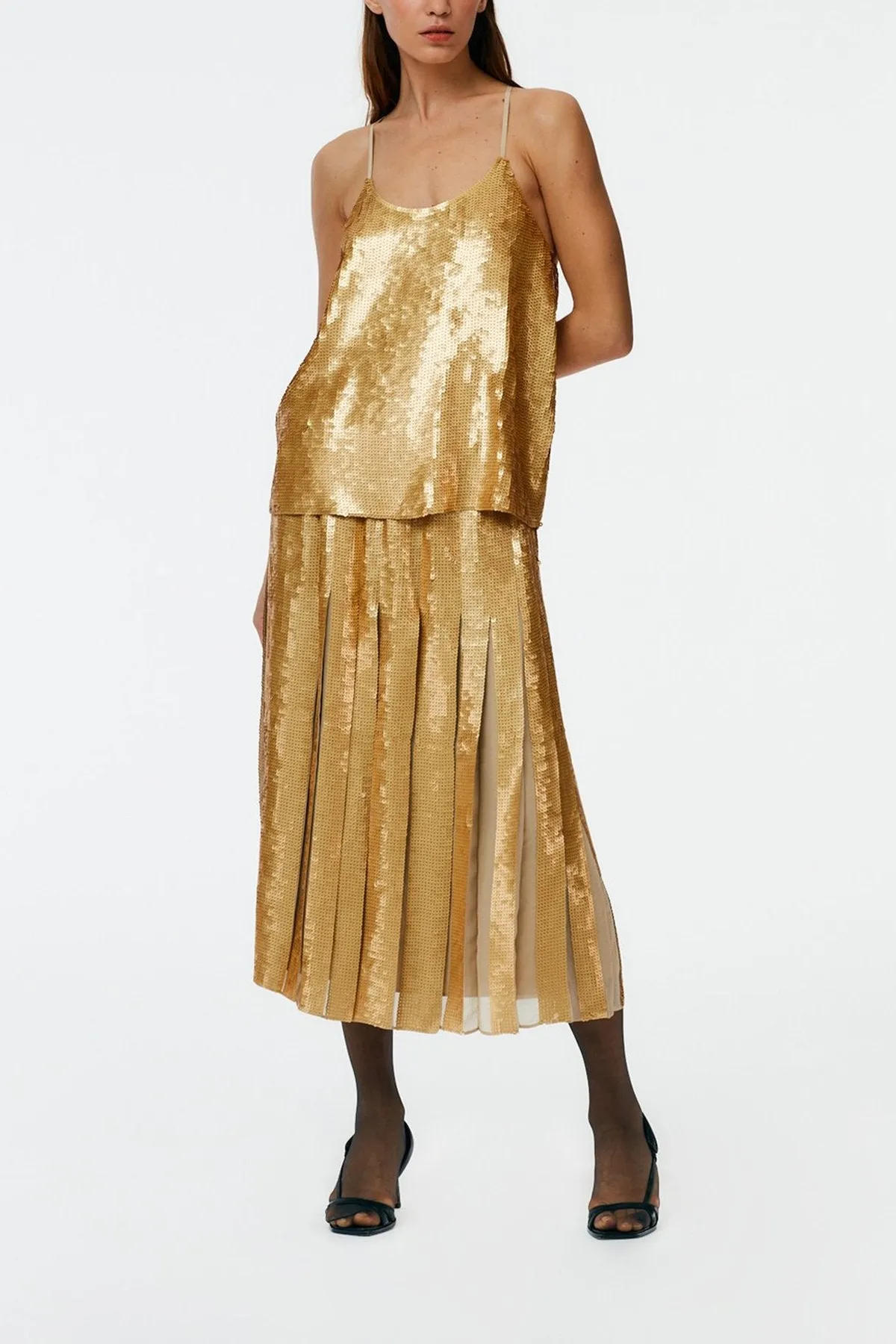 Eclair Sequins Beading Pleated Skirt in Gold