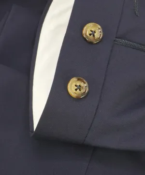 ELEVENTY - Solid Navy With Horn Button Flat Front Dress Pants - 34W