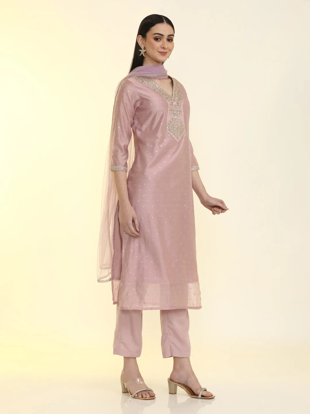 Embroidered Chanderi Cotton Solid Kurta Sets With Net Dupatta