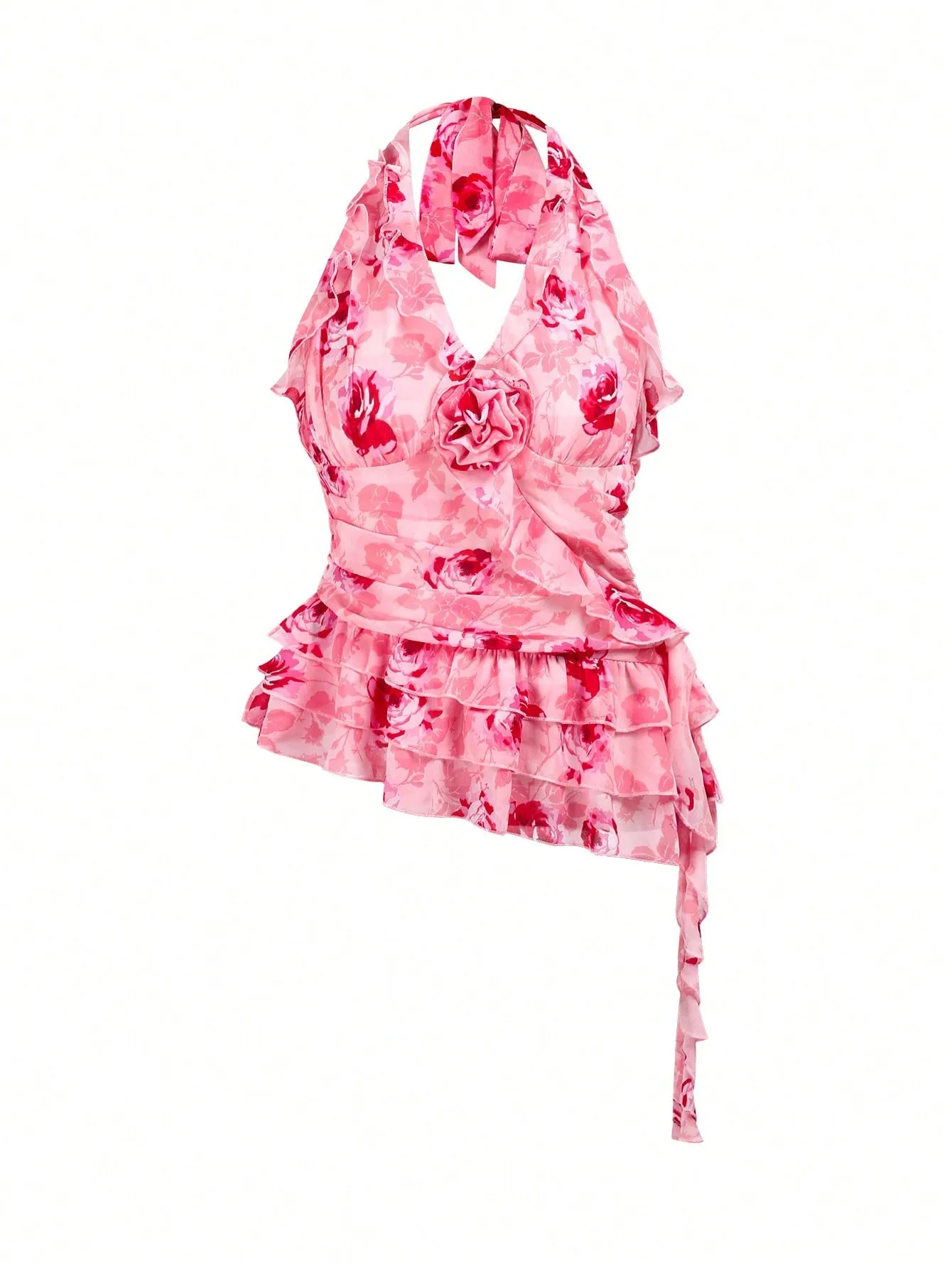 ENCHNT Women's Sleeveless Top With Floral 3d Flower Decoration And Halter Neck