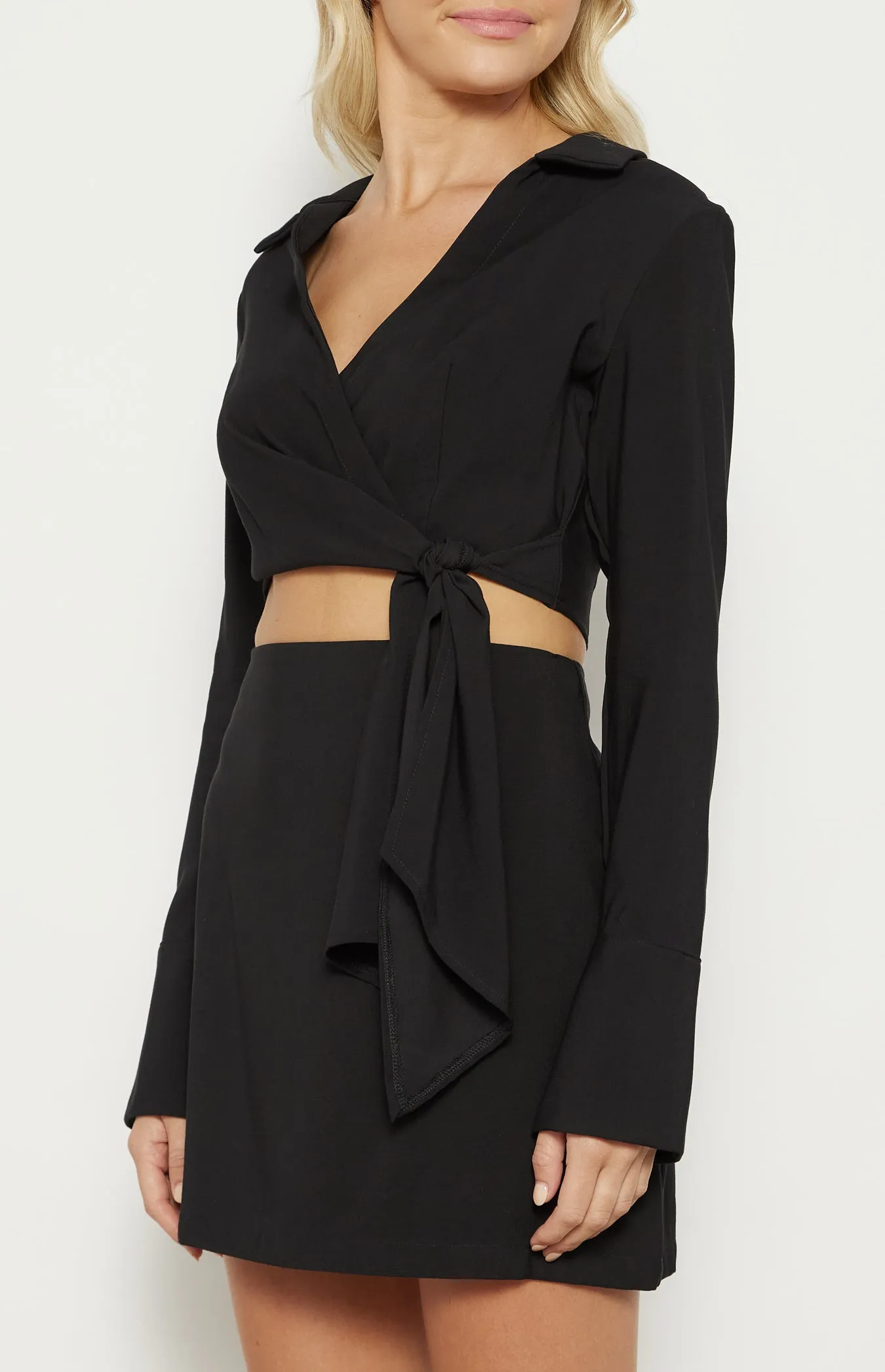 ESVELLA LONG SLEEVE CROP TOP & SKIRT SET - Black