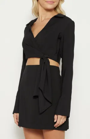 ESVELLA LONG SLEEVE CROP TOP & SKIRT SET - Black