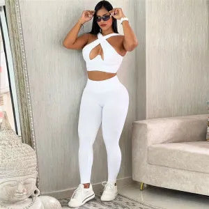 Europe and America2023Fall Women's Clothing New Solid Color Slim Fit Sleeveless Midriff-Baring Vest Tight High Waist Casual Trousers Suit